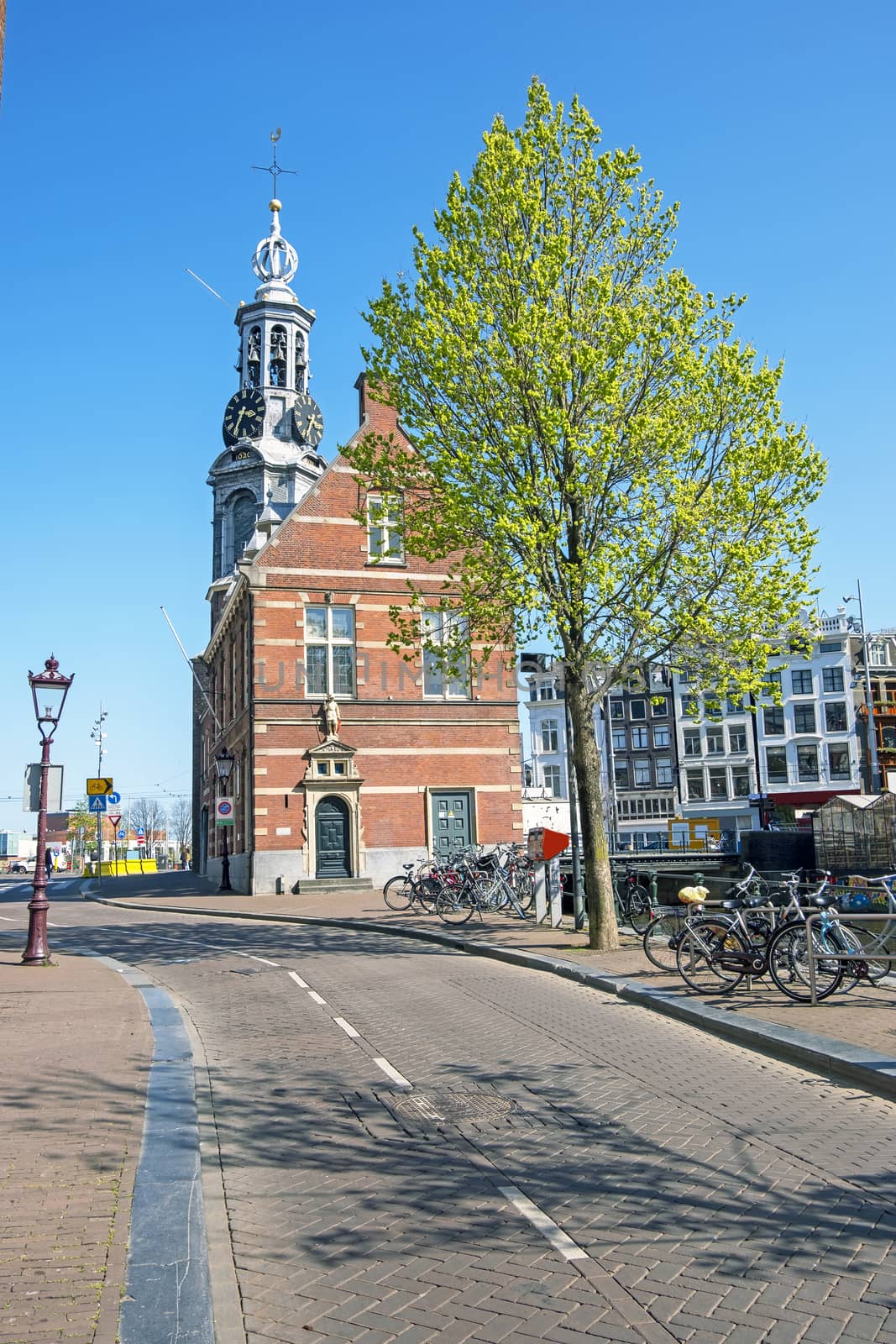 City scenic from Amsterdam with the Munt tower in the Netherlands