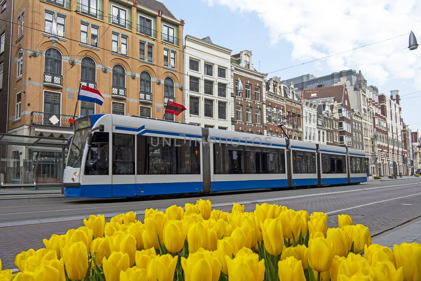 Tram driving on an empty Rokin in Amsterdam the Netherlands during the corona crisis