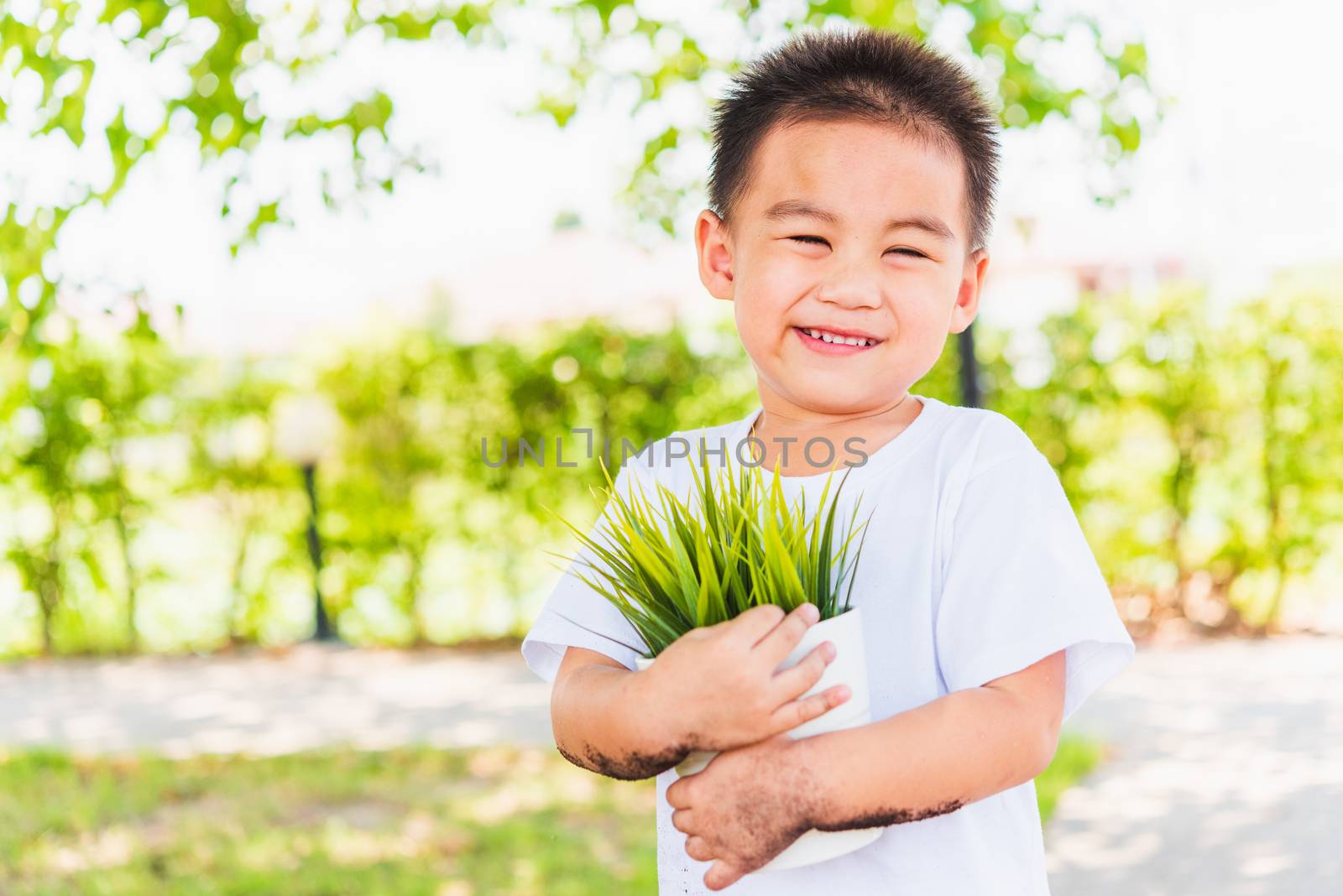 little child boy holding young tree on white pot by Sorapop