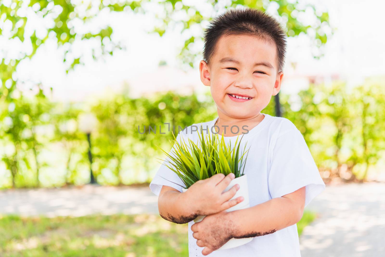 World Environment Day Environment and Save World Concept, Hand of Asian cute cheerful little child boy holding young tree on white pot on green garden background