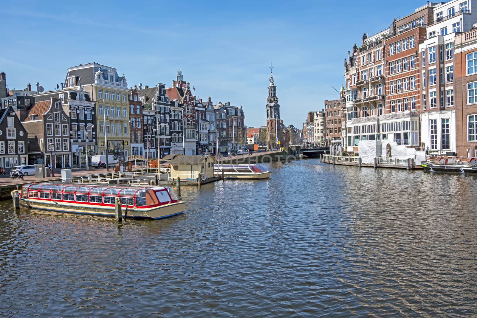 City scenic from Amsterdam in the Netherlands with the Munt tower