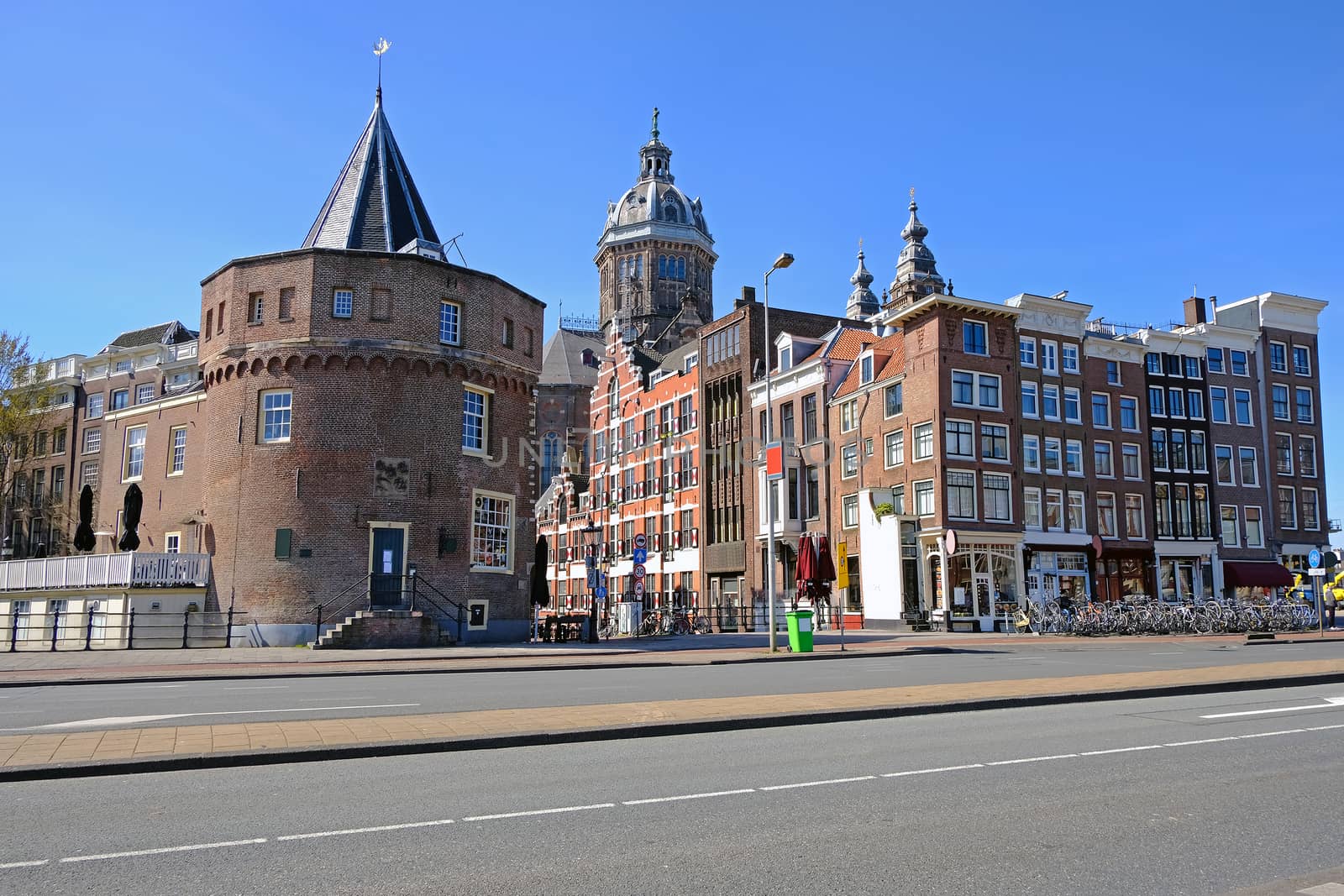 City scenic from Amsterdam in the Netherlands with the Niklaas church