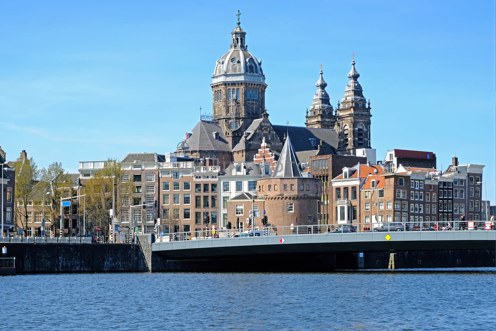 City scenic from Amsterdam in the Netherlands with the Niklaas church
