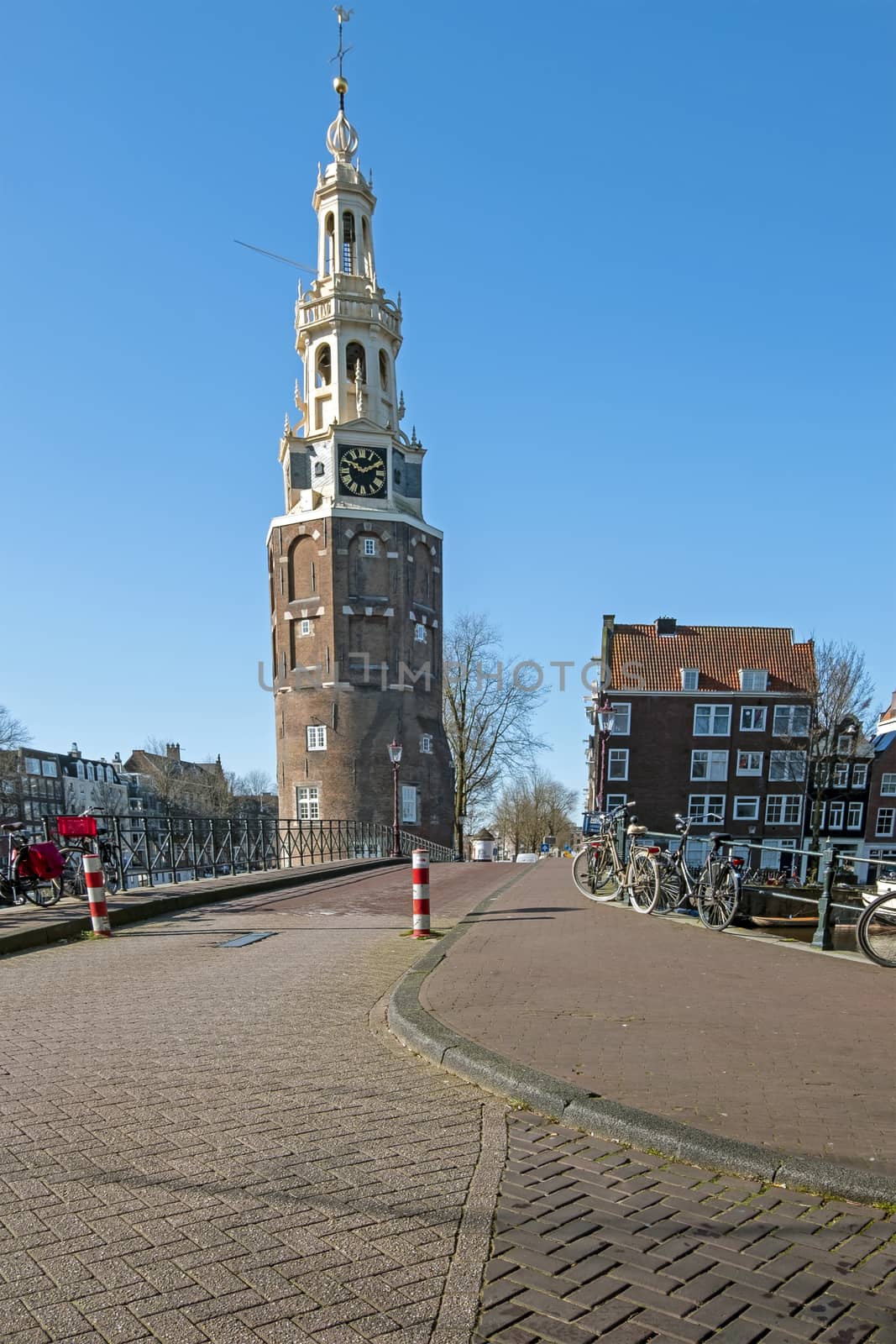 City scenic from Amsterdam in the Netherlands with the Montelbaan tower