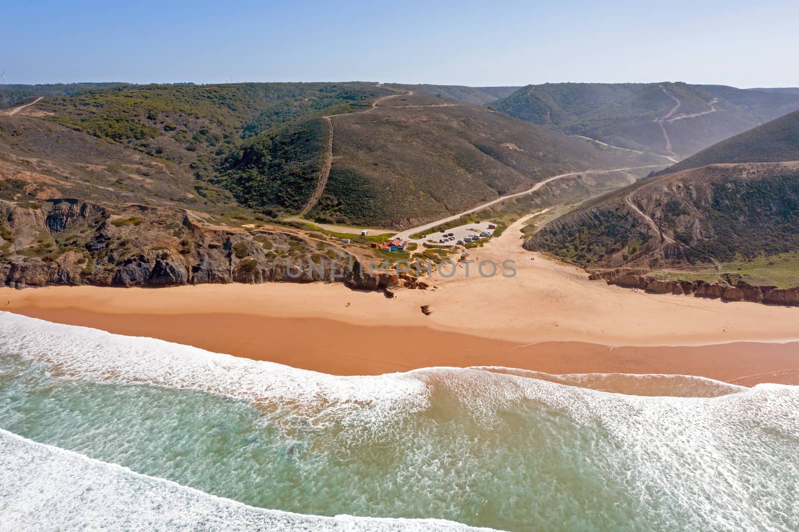 Aerial from Praia Vila de Bispo in the Algarve Portugal