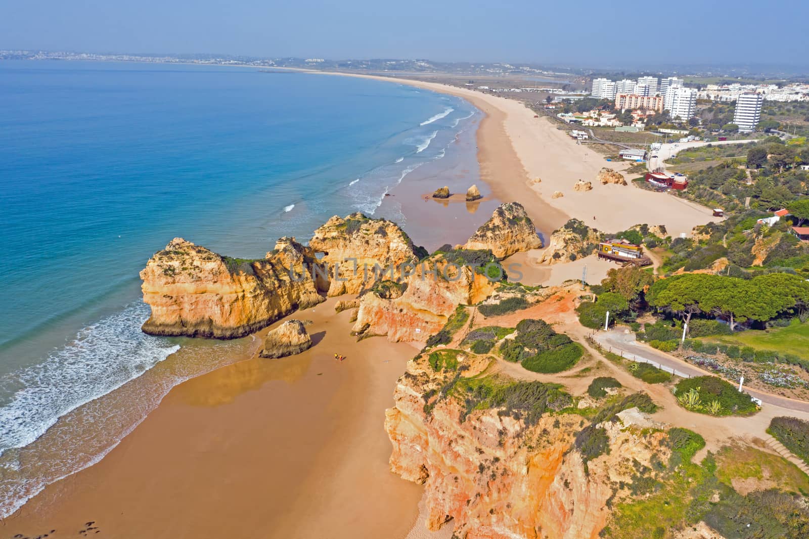 Aerial from Praia Tres Irmaos in Alvor the Algarve Portugal