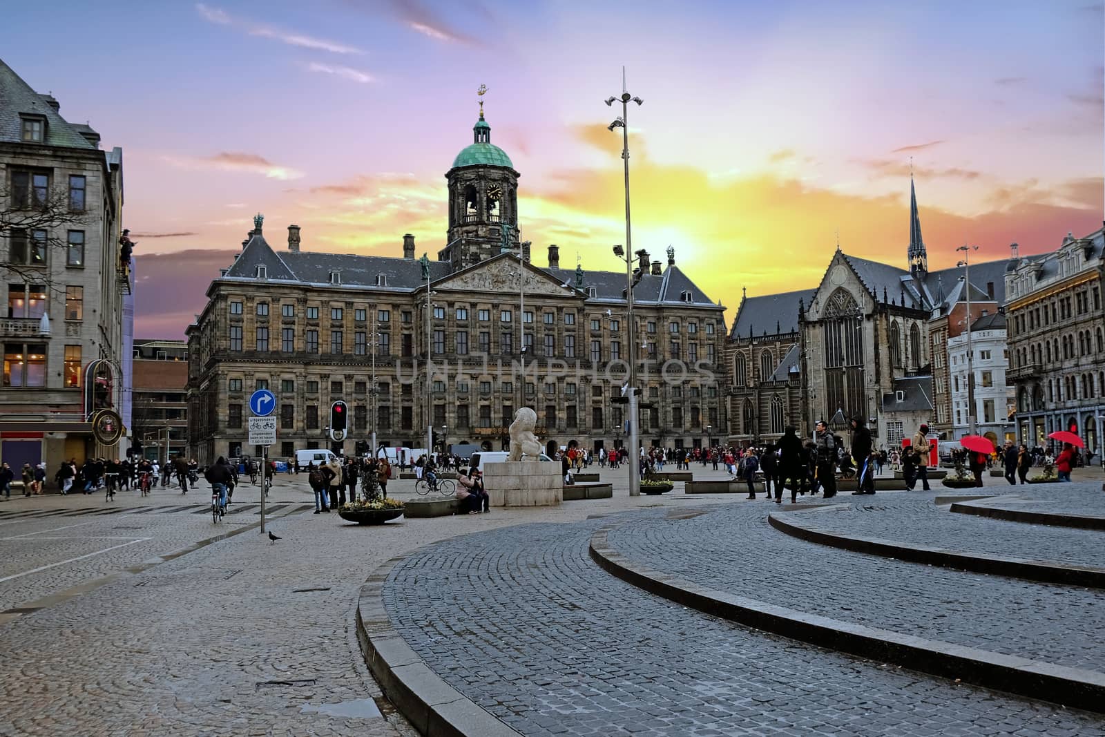 City scenic from Amsterdam in the Netherlands with the Dam Square