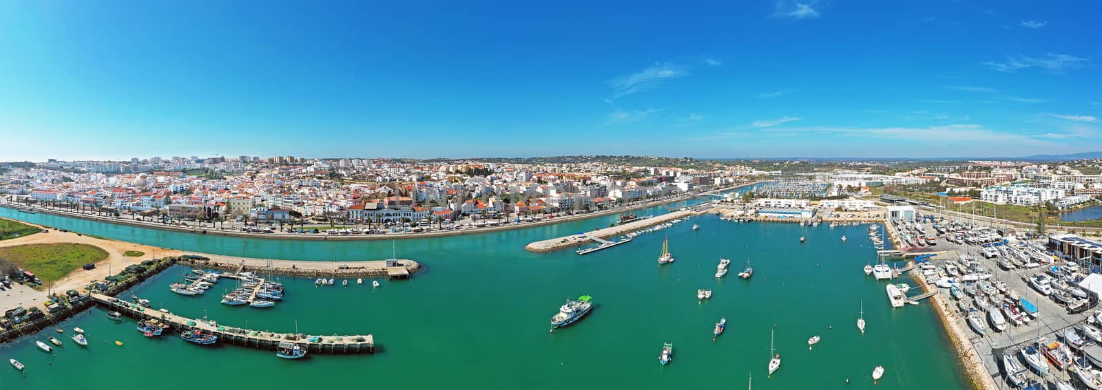 Aerial panorama from the harbor and city Lagos in the Algarve Portugal