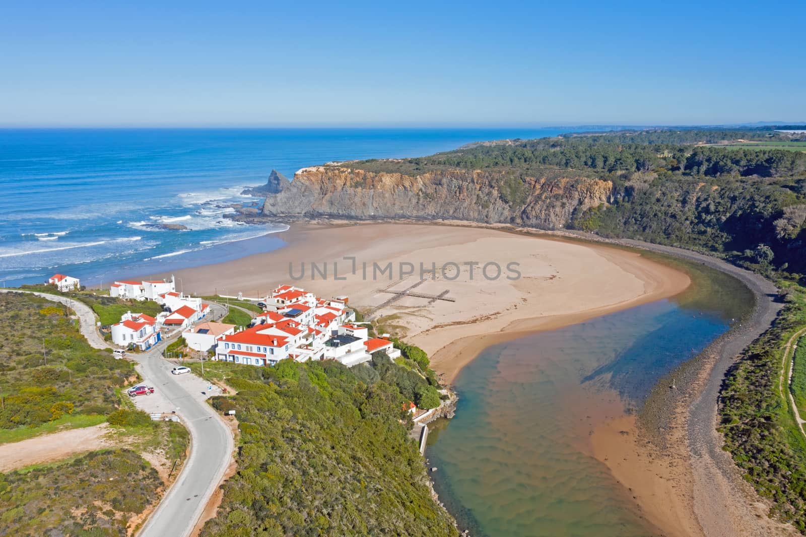 Aerial from Praia Odeceixe on the west coast in Portugal