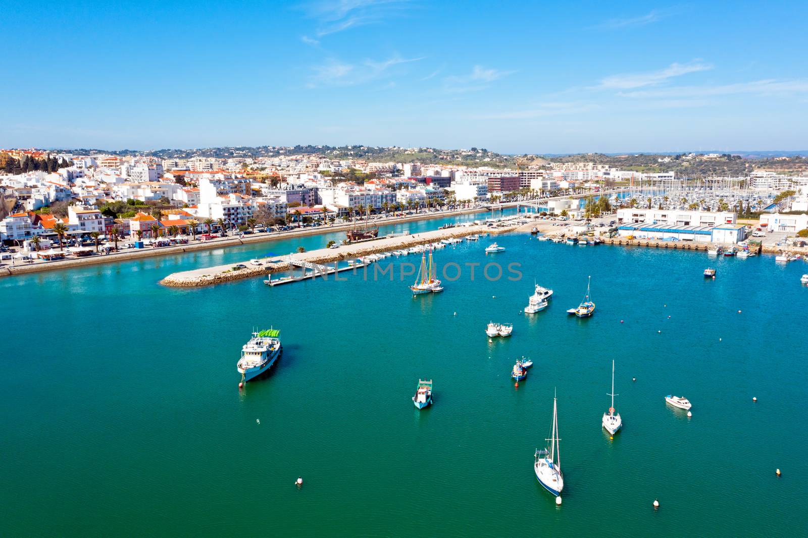 Aerial from the harbor in Lagos Portugal