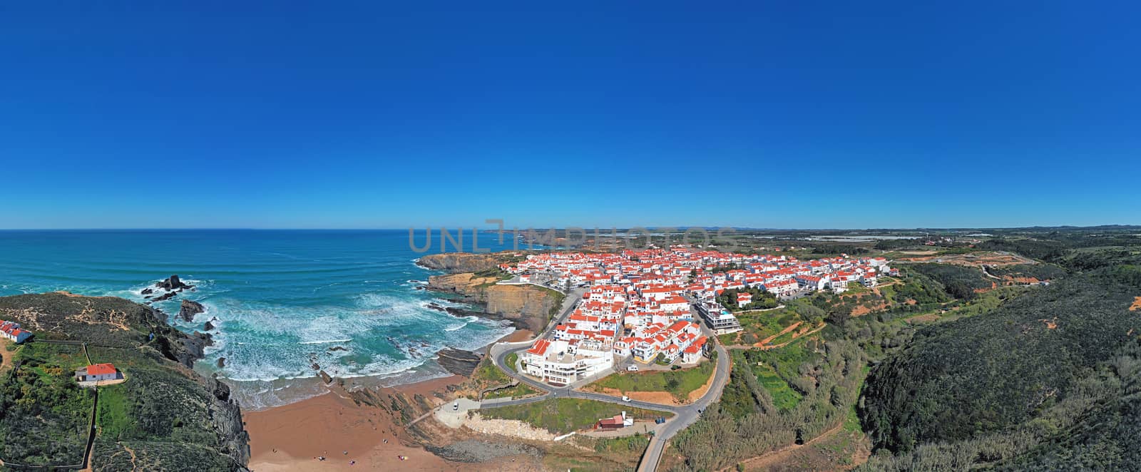 Aerial panorama from Zambujeira do Mar on the west coast in Portugal
