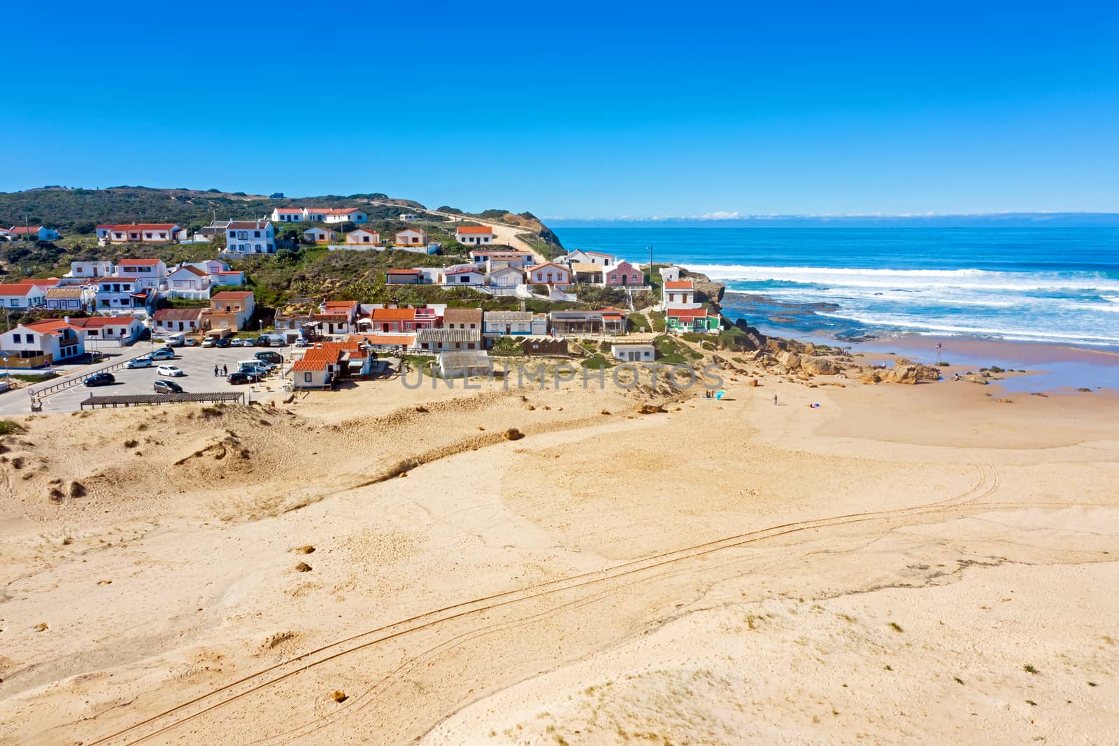 Aerial from the traditional village Monte Clerigo on the west coast in Portugal