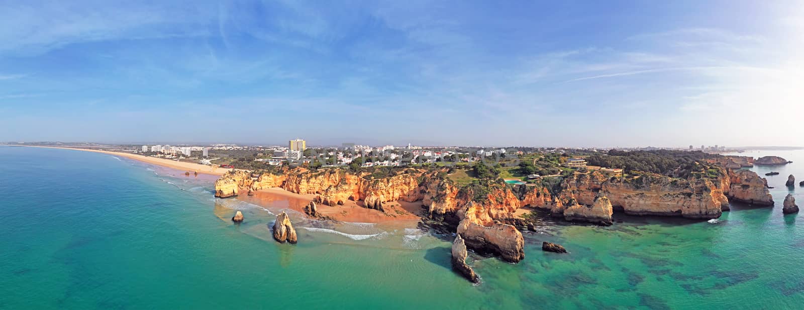Aerial panorama from Praia Tres Irmaos in Alvor the Algarve Portugal