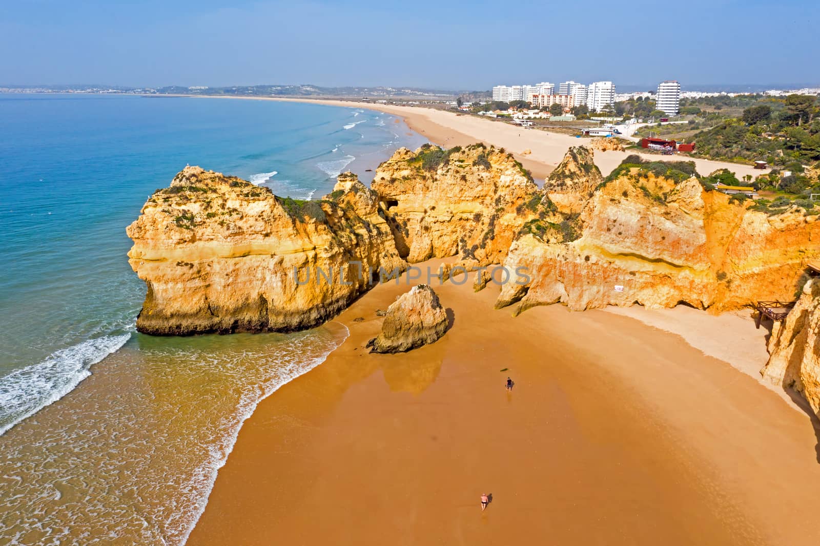 Aerial from Praia Tres Irmaos in Alvor the Algarve Portugal