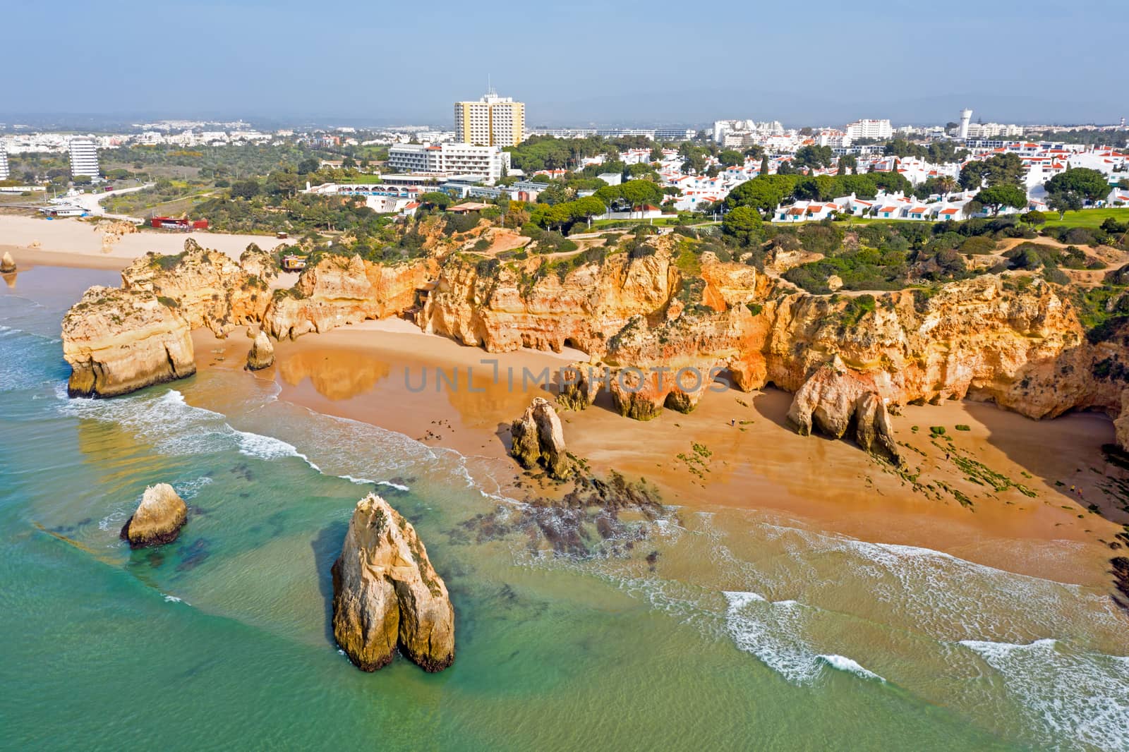 Aerial from Praia Tres Irmaos in Alvor the Algarve Portugal