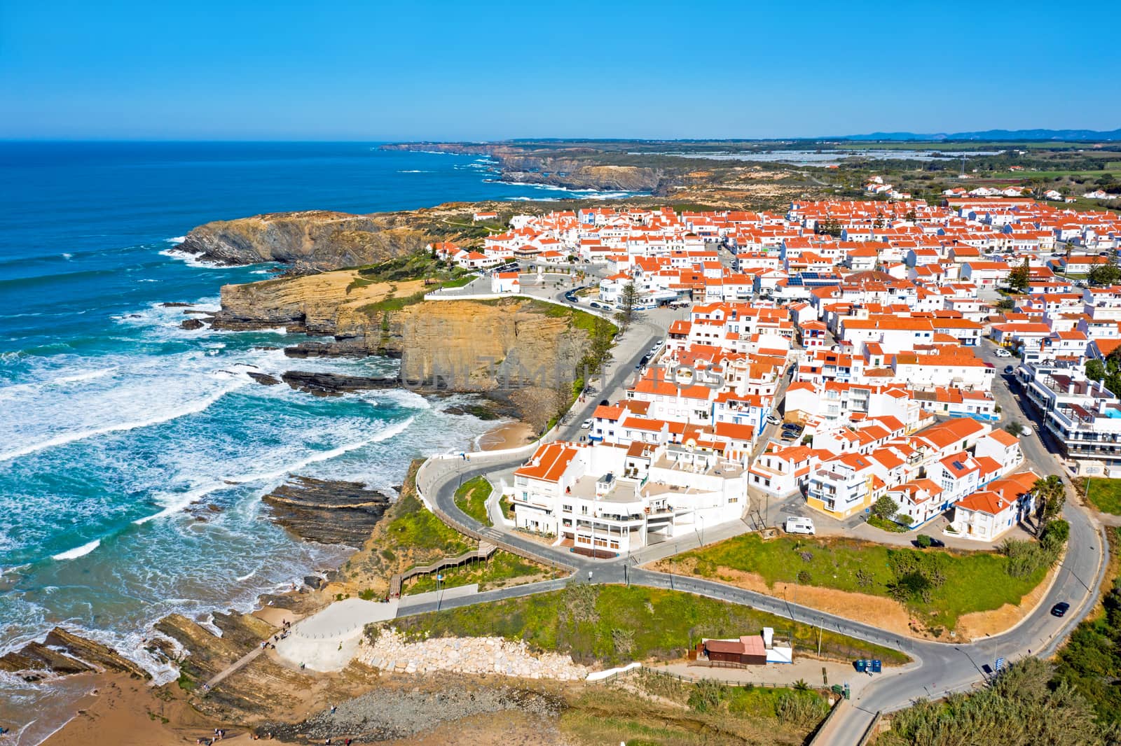 Aerial from the village Zambujeira do Mar at the west coast in Portugal