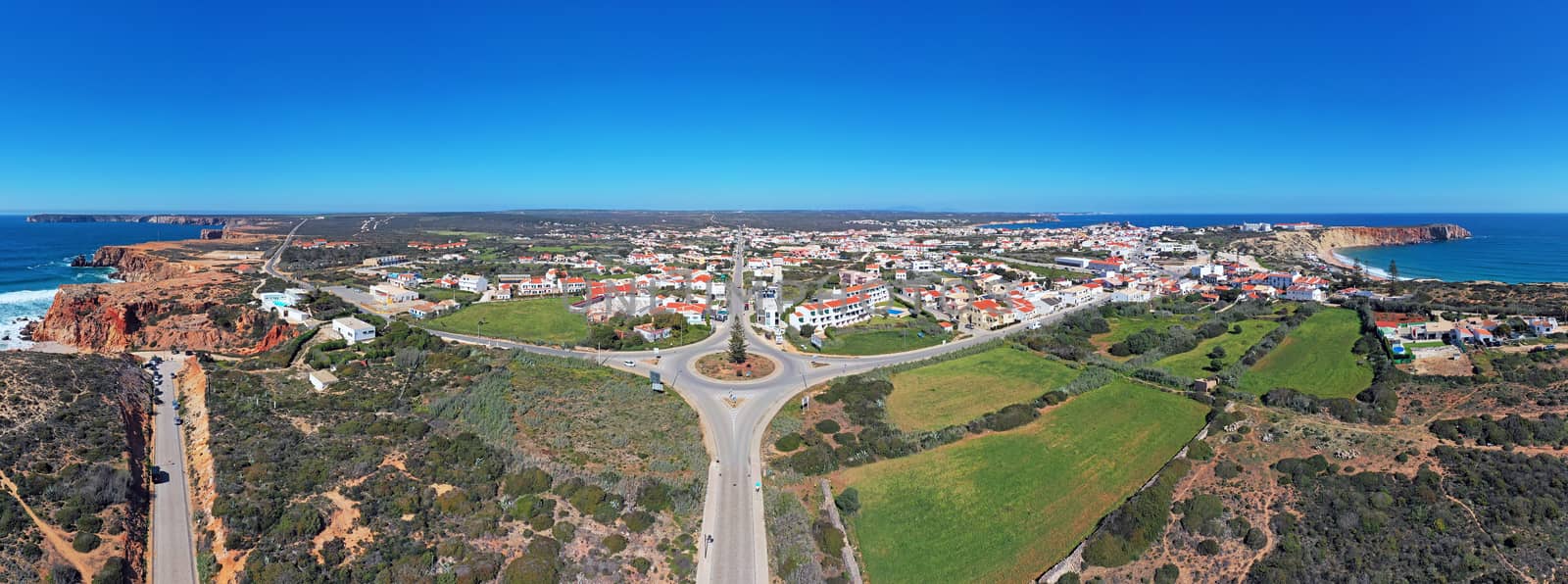 Aerial panorama from the village Sagres in the Algarve Portugal