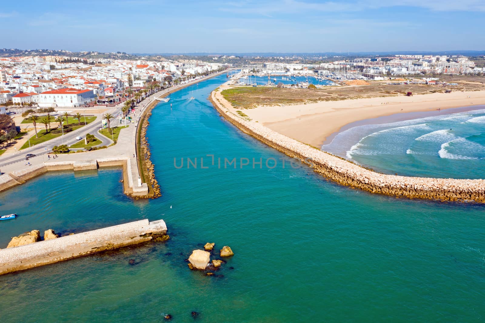 Aerial from the harbor and city Lagos Portugal