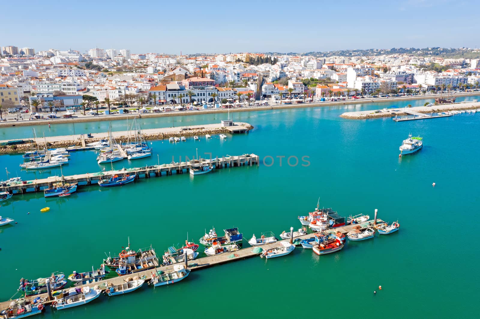 Aerial from the harbor and city Lagos Portugal
