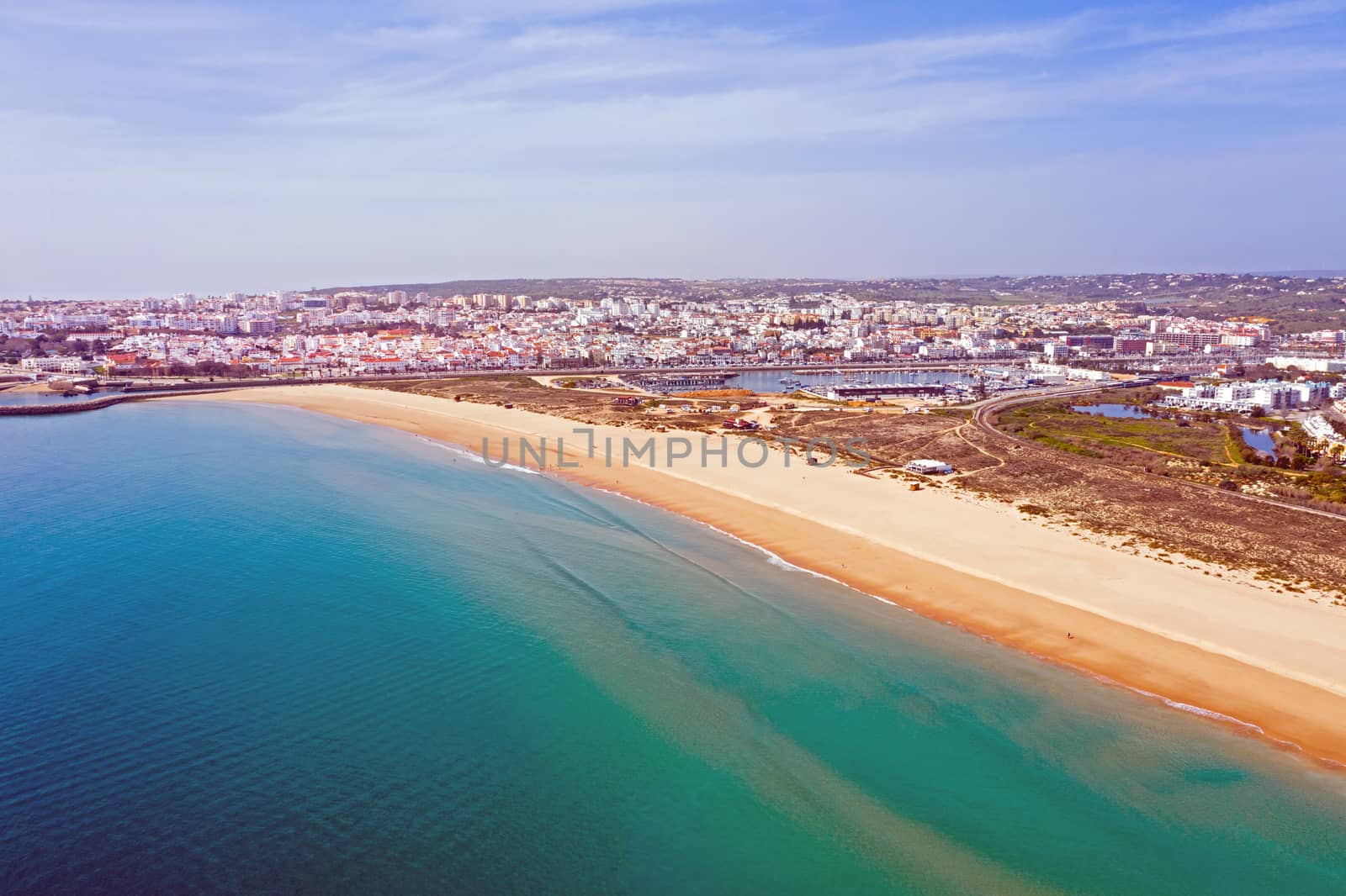 Aerial from Lagos and Meia Praia in the Algarve in Portugal