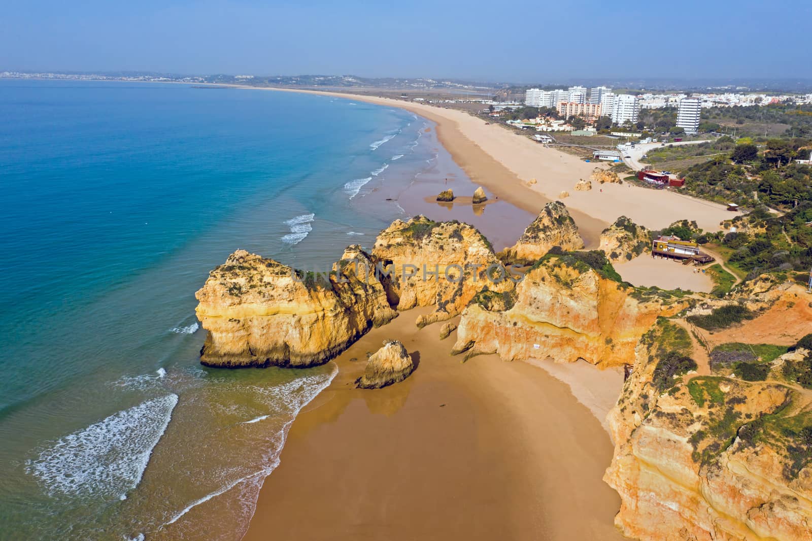 Aerial from Praia Tres Irmaos in Alvor the Algarve Portugal