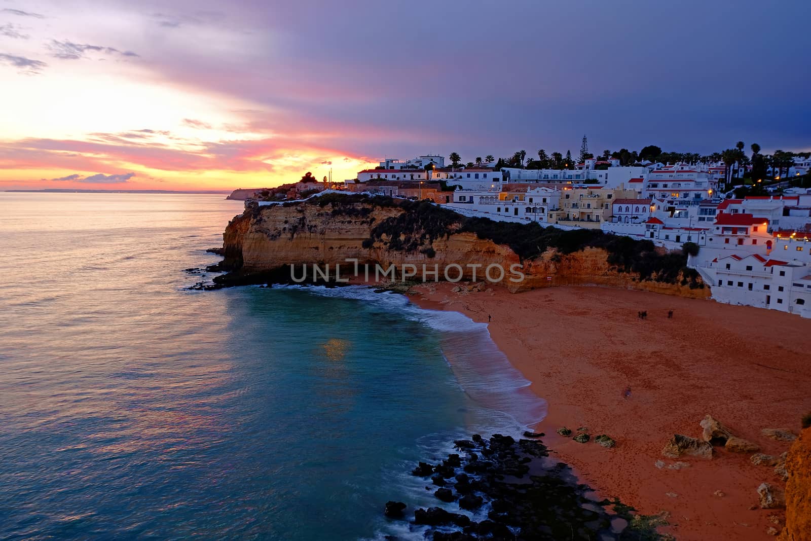 The village Carvoeiro in the Algarve Portugal at sunset