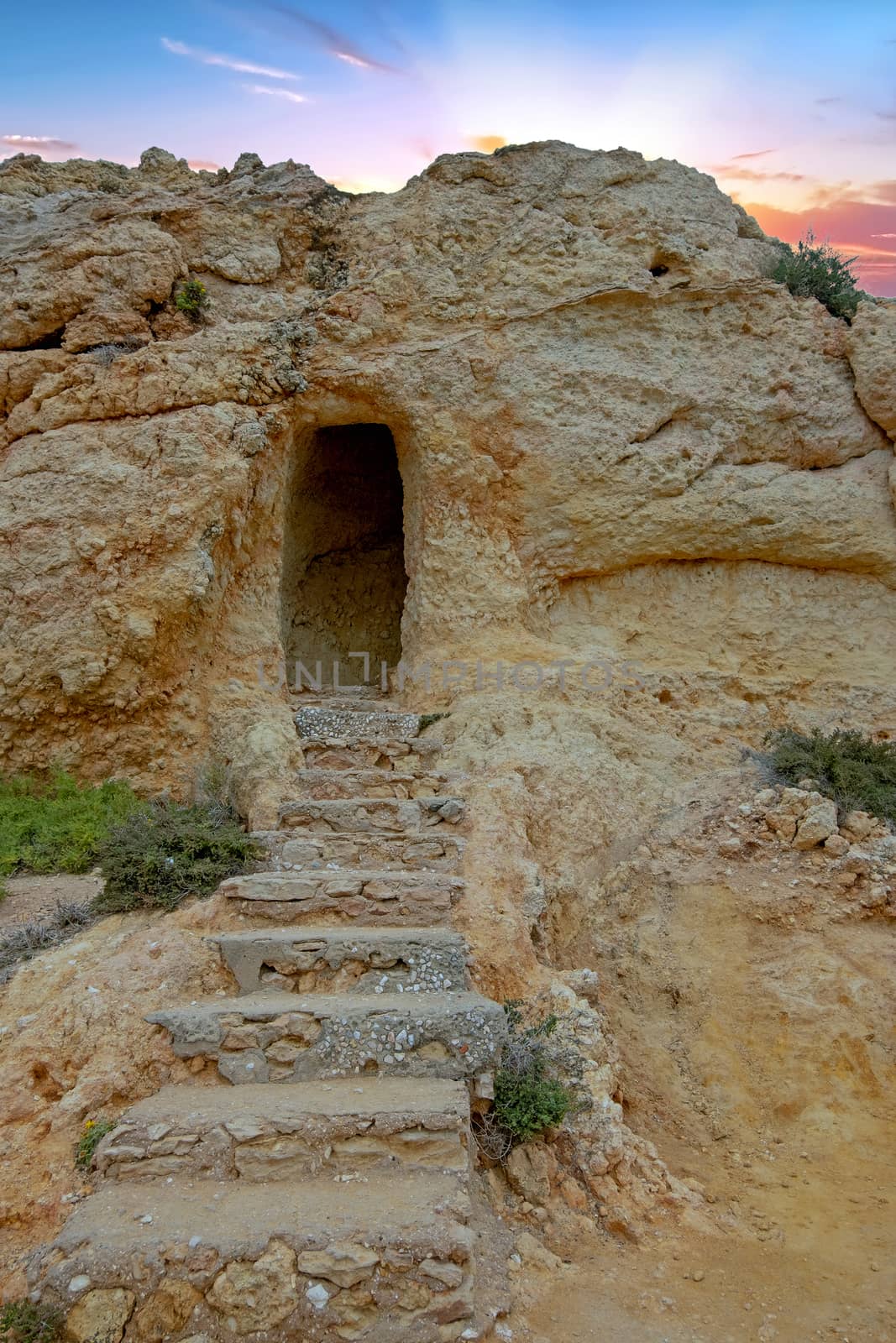 Natural rocks at Algar Seco in Carvoeiro Algarve Portugal at sunset