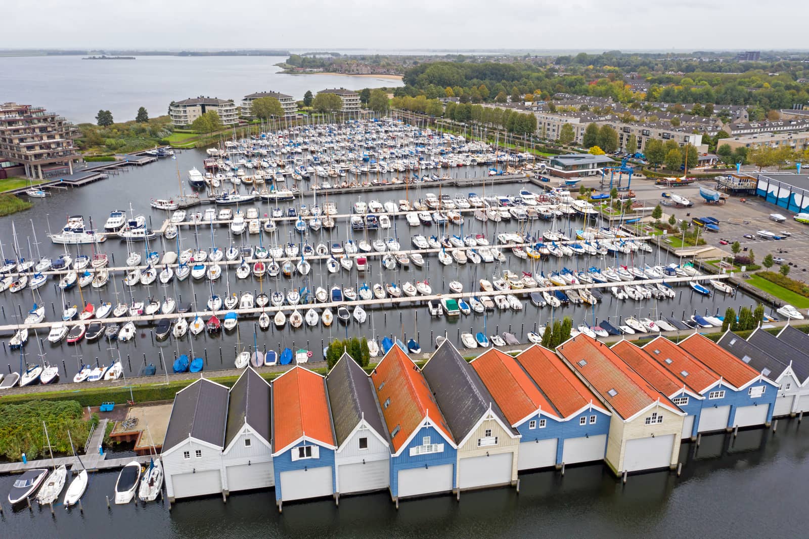 Aerial from the harbor from Huizen in the Netherlands
