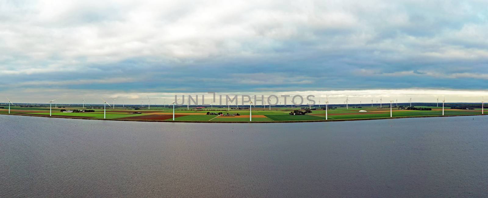 Aerial panorama from a wind farm at the Eenmeer in the Netherlands