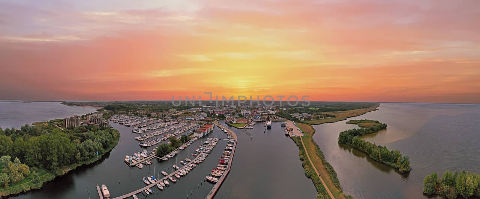Panoramic aerial from the harbor from Huizen in the Netherlands at sunset