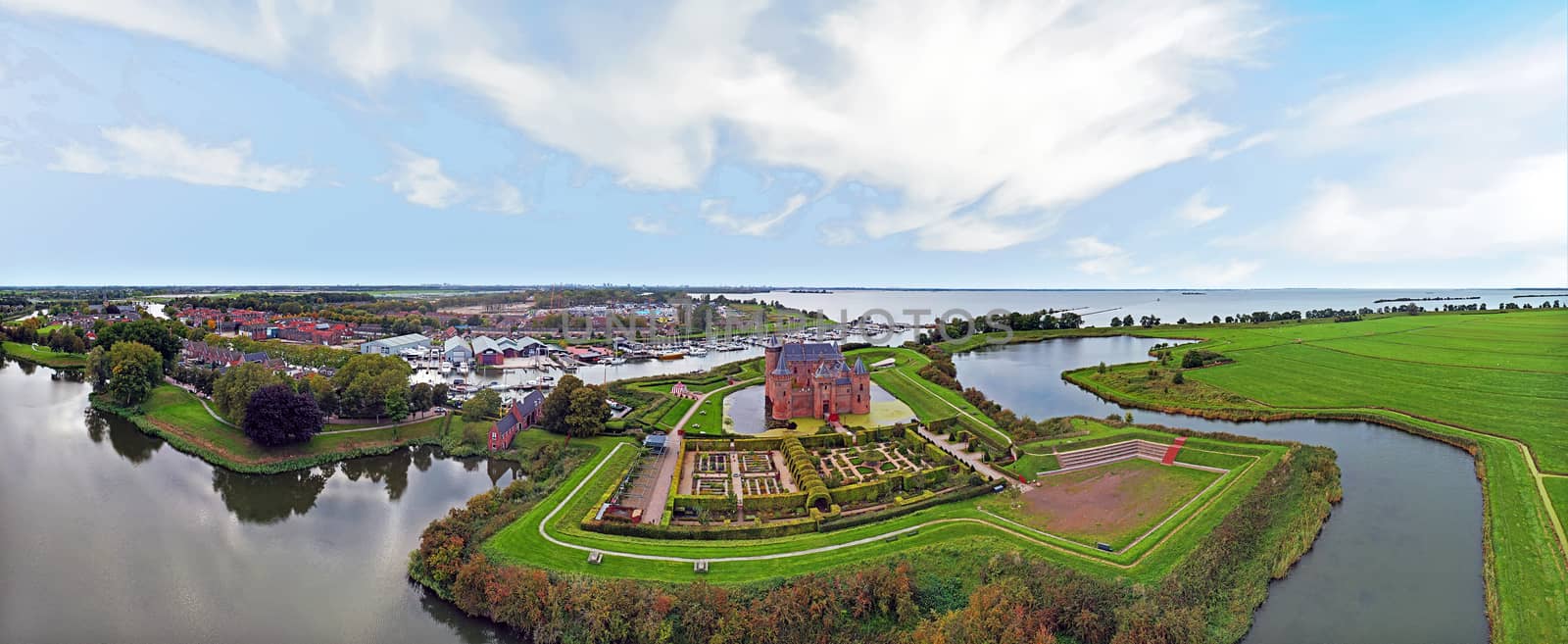 Aerial from medieval castle 'Muiderslot' in the countryside from by devy