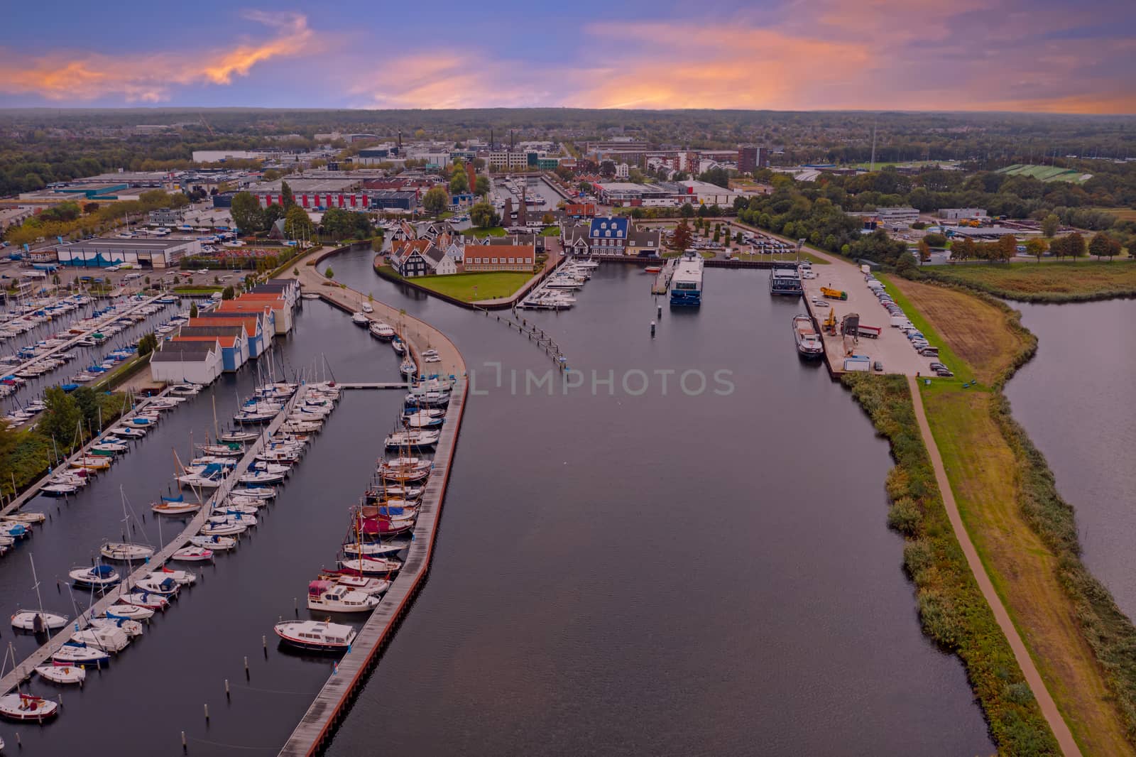 Aerial from the city and harbor from Huizen in the Netherlands