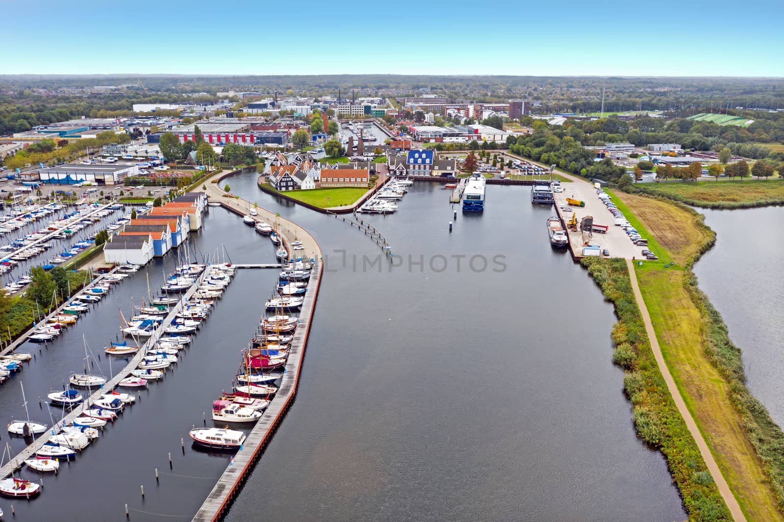 Aerial from the city and harbor from Huizen in the Netherlands