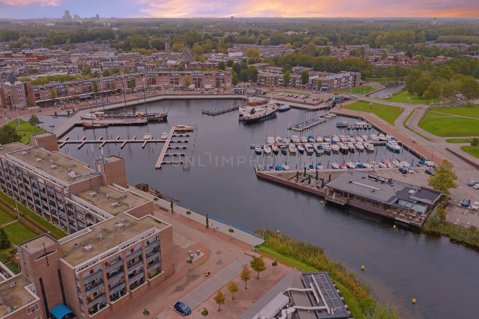 Aerial from the city and harbour in Almere in the Netherlands