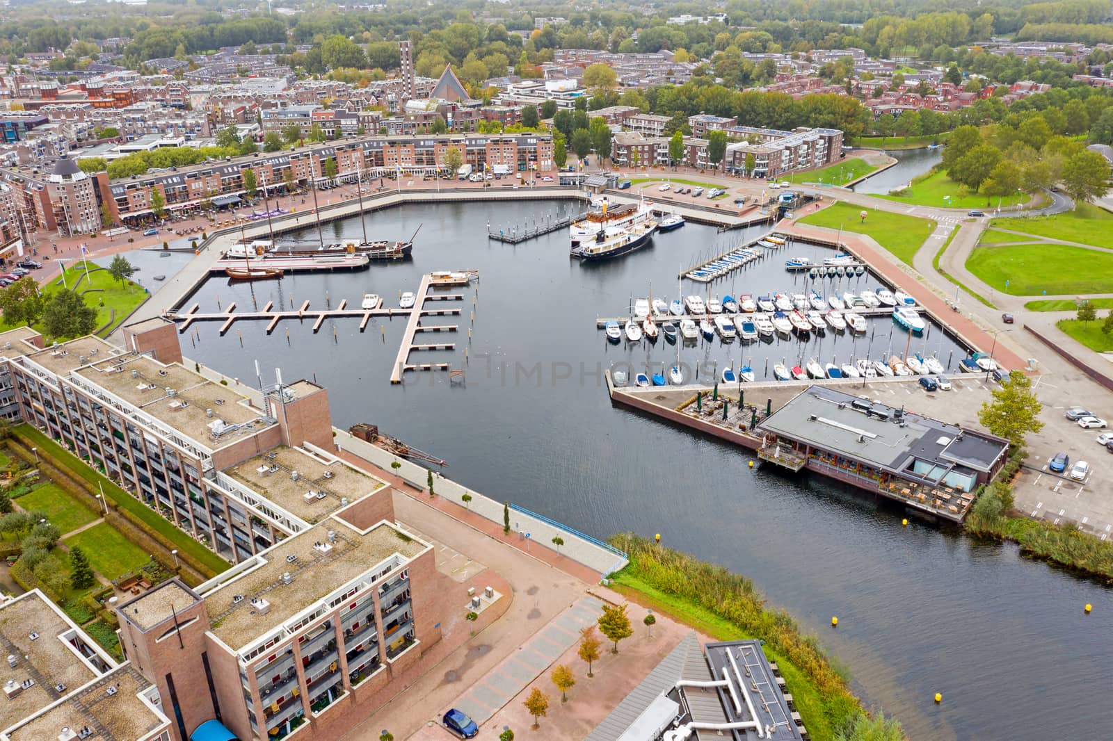 Aerial from the city and harbour in Almere in the Netherlands