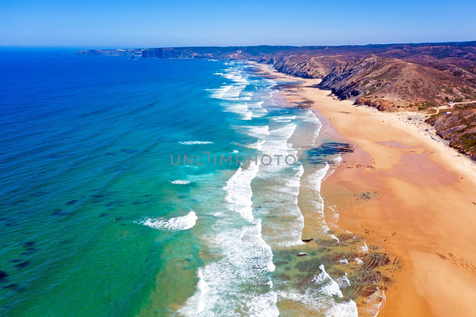 Aerial from the beach at Praia Vale Figueiras in Portugal