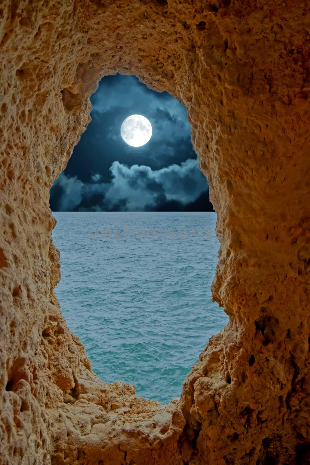 Natural rocks at Algar Seco in Carvoeiro Algarve Portugal at night at full moon