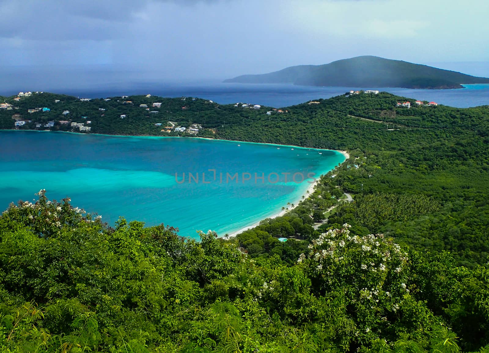 Magens Beach in St. Thomas US Virgin Island on a beautiful clear day with turquoise blue water