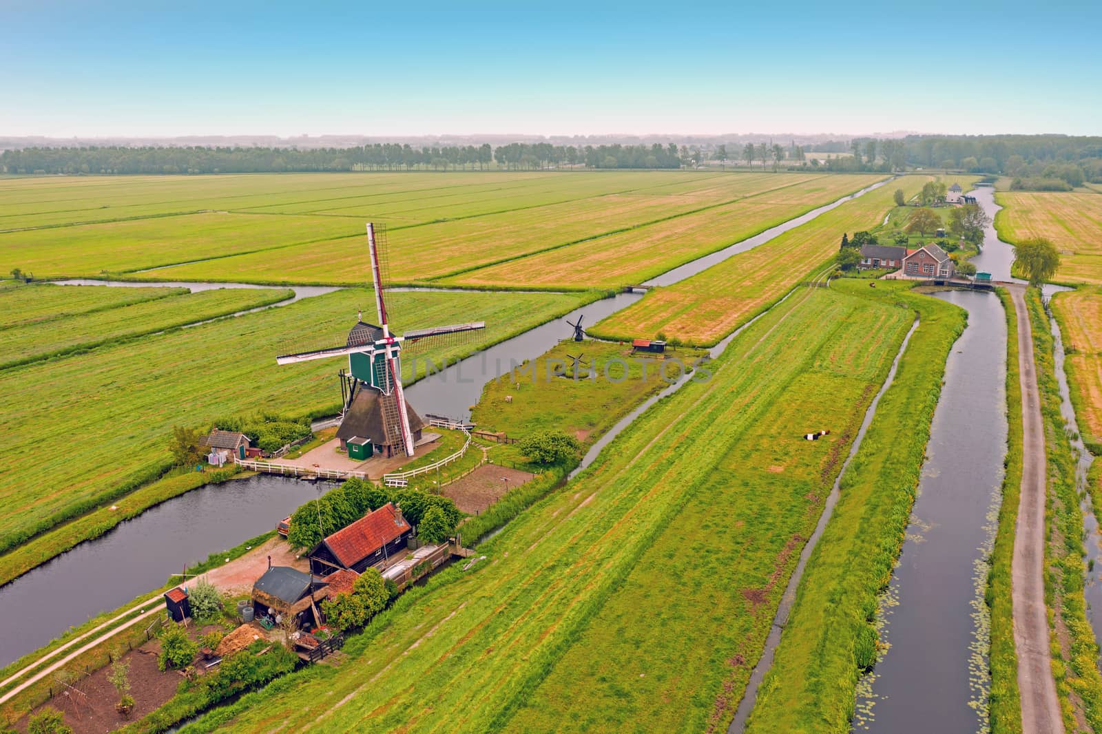 Aerial from a traditoinal windmill in the countryside from the Netherlands