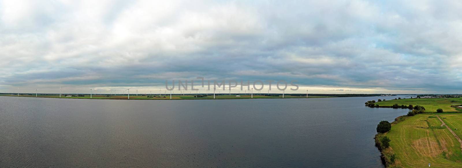 Aerial panorama from a wind farm at the Eenmeer in the Netherlands