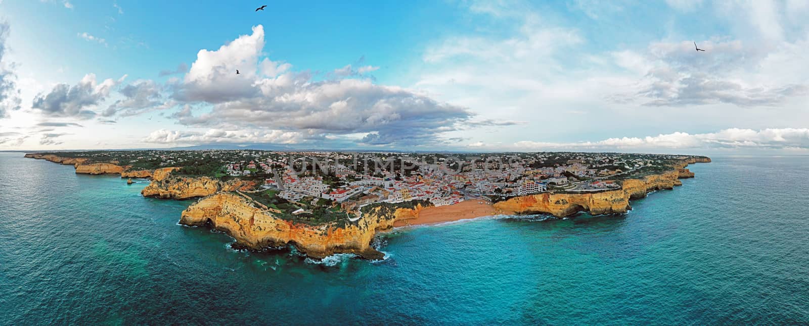 Aerial panorama from the village Carvoeiro in the Algarve Portug by devy