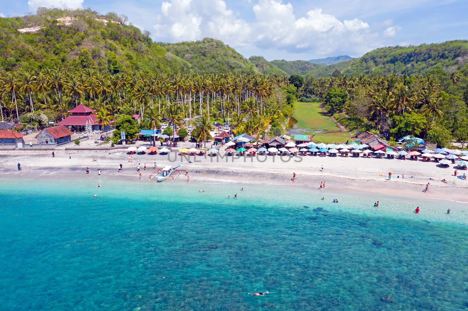 Aerial from Chrystal bay on Nusa Penida Bali Indonesia
