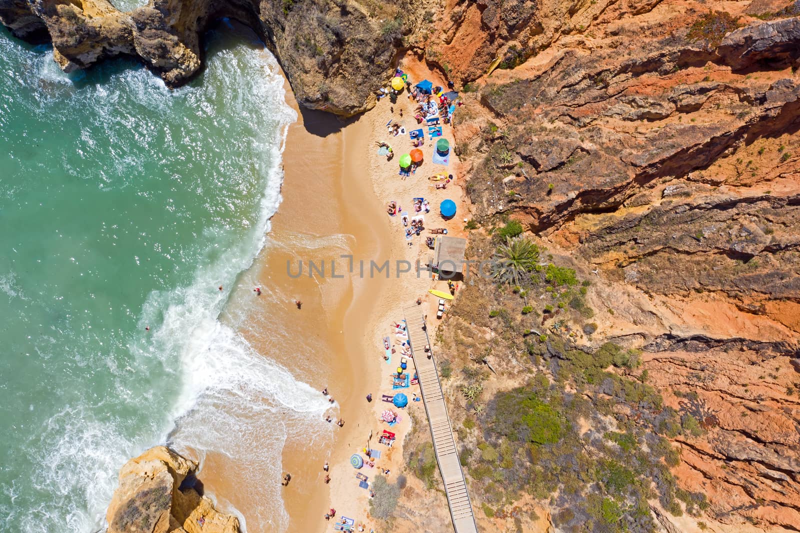 Aerial top shot from Praia Do Camillo in Lagos Portugal