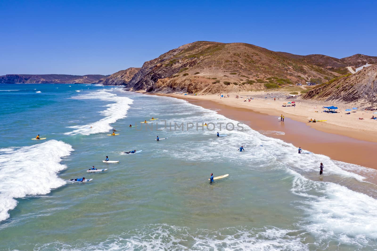 Vale Figueiras, Portugal - June 15, 2019: Aerial from surfing at Praia Vale Figueiras in Portugal