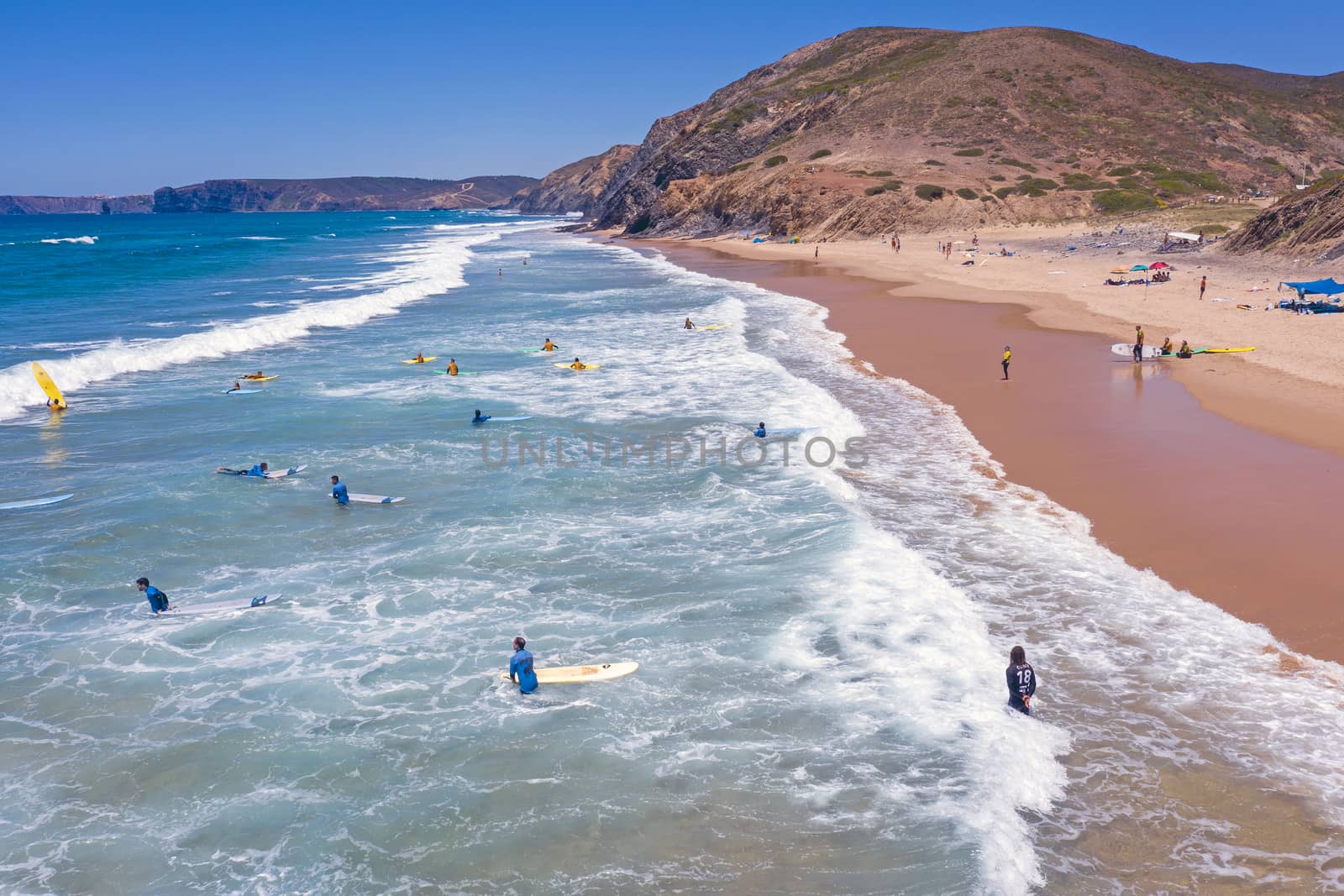 Vale Figueiras, Portugal - June 15, 2019: Aerial from surfing at Praia Vale Figueiras in Portugal