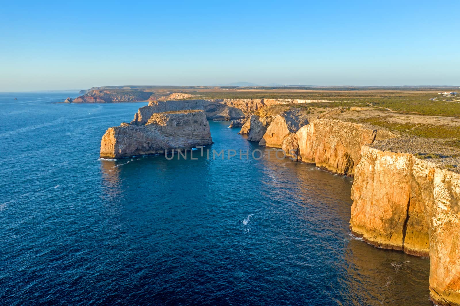 Aerial from rock formations at the southwest point in Portugal