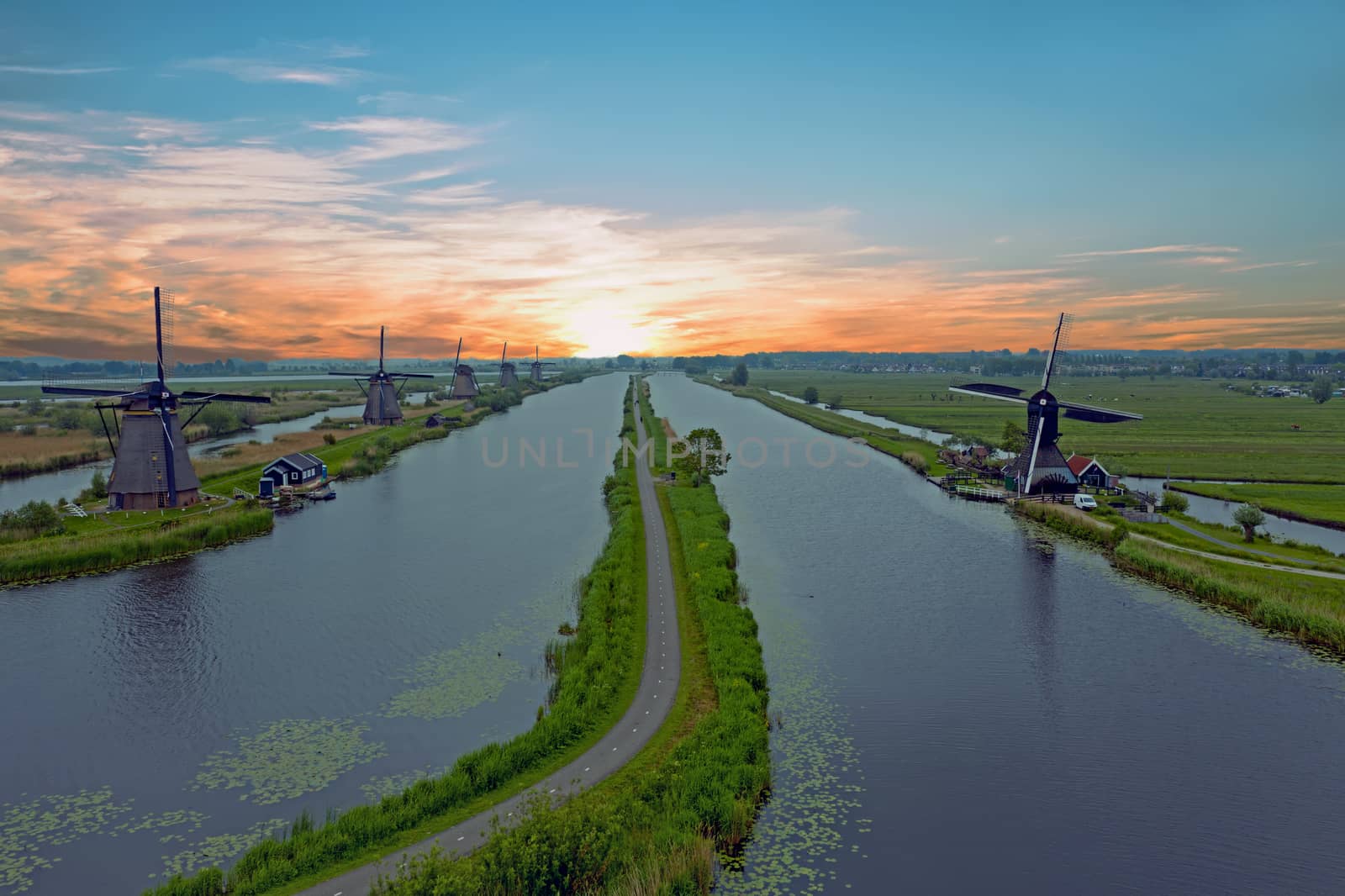 Aerial from traditional windmills at Kinderdijk in the Netherlan by devy