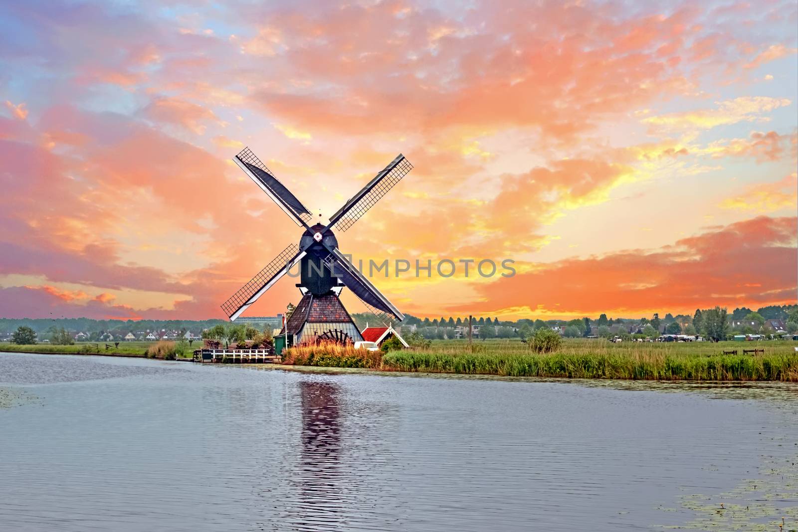 Aerial from a traditional windmill in the countryside at Kinderdijk in the Netherlands at sunset