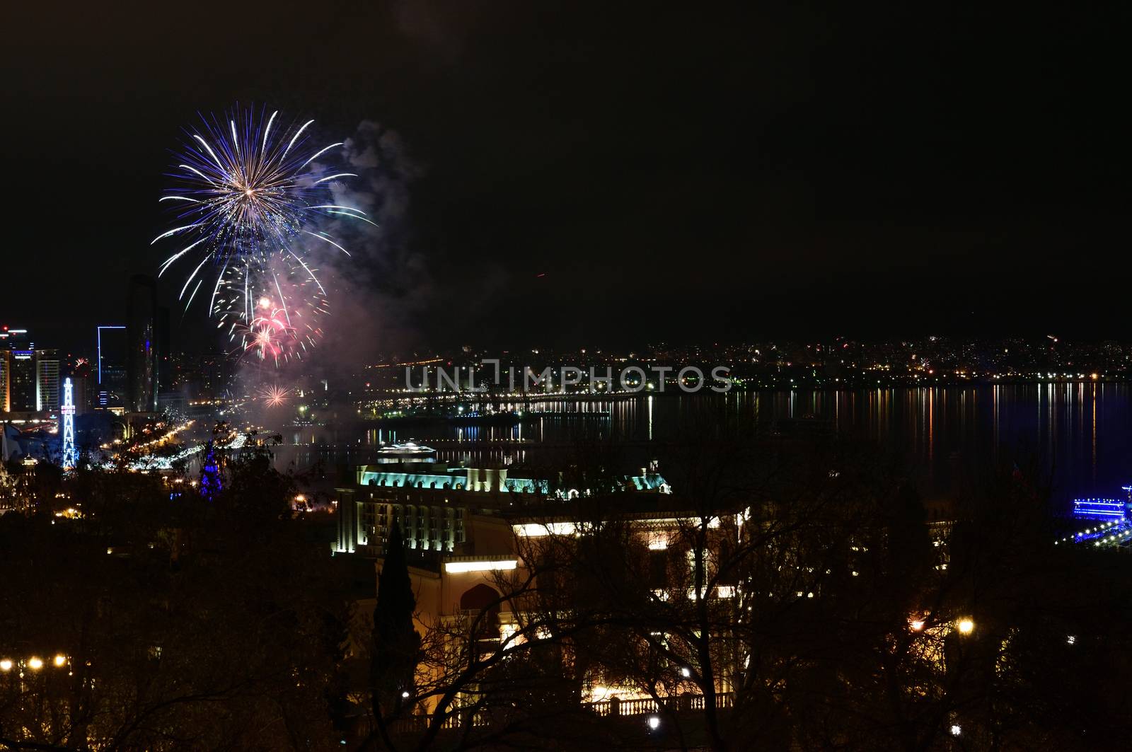 Colorful and various salutes and fireworks in the night city of Baku over the Caspian Sea.
