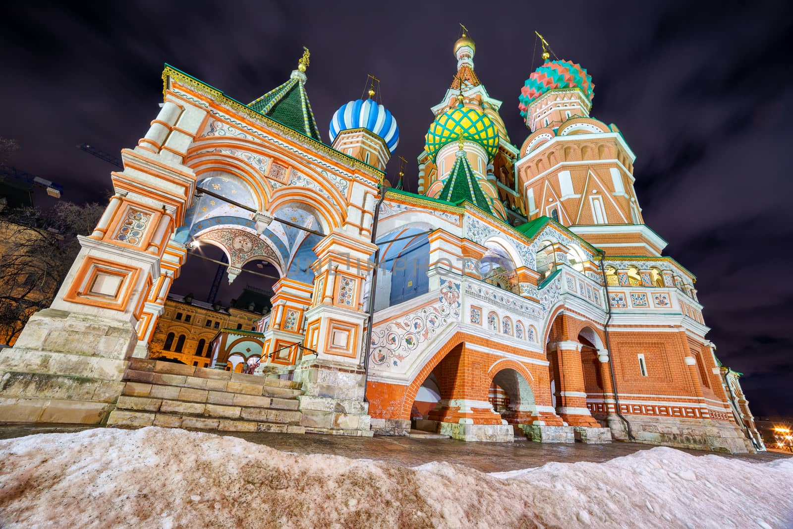 Moscow iconic landmark - Saint Basil cathedral in the Red Square, by night, during winter